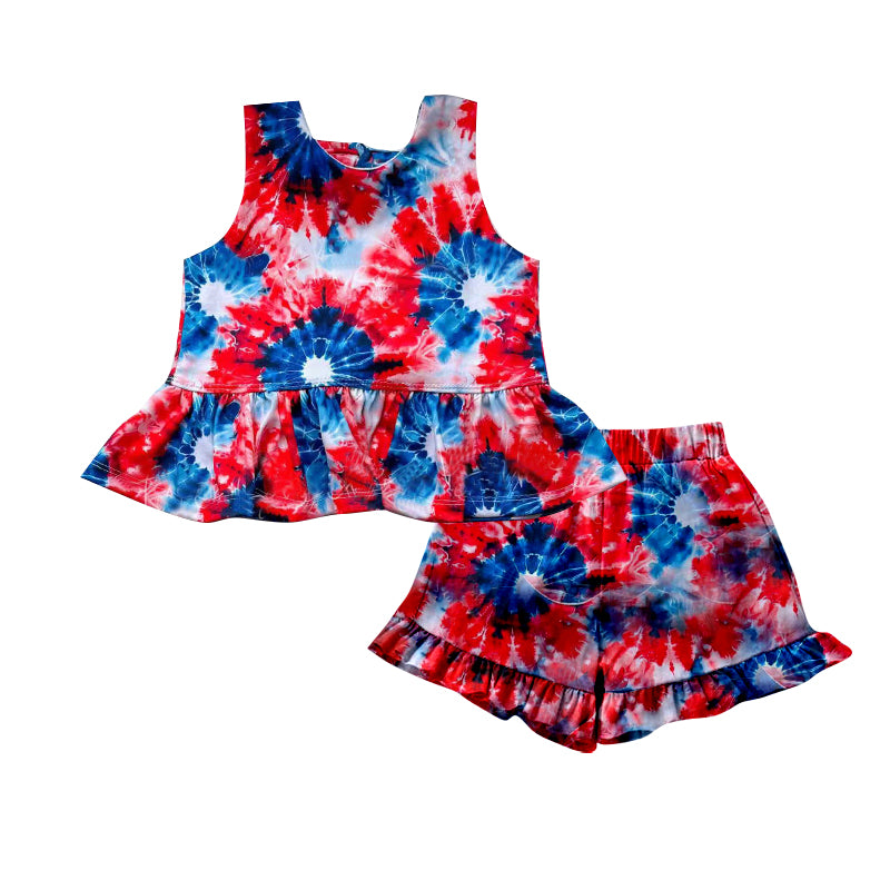 MOQ 5 PCS Preorder GSSO2895 4th of July Red Blue Tie-Dye Sleeveless Shorts Girls Sets 202511
