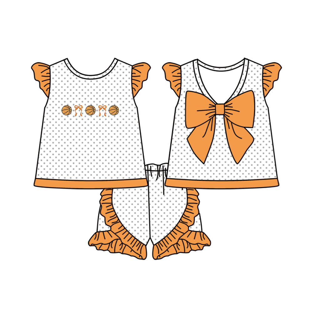 MOQ 5 PCS Preorder GSSO2902 Basketball Polka Dot Orange Ruffle Flying Sleeve Shorts Girls Sets 202511