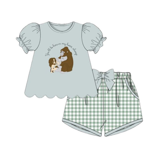 MOQ 5 PCS Preorder GSSO2906 You will always be in my heart.Gorilla Blue Green Short Sleeve Plaid Shorts Girls Sets 202511