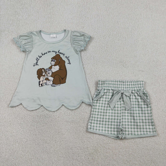 GSSO2906 You will always be in my heart.Gorilla Blue Green Short Sleeve Plaid Shorts Girls Sets 202601 RTS