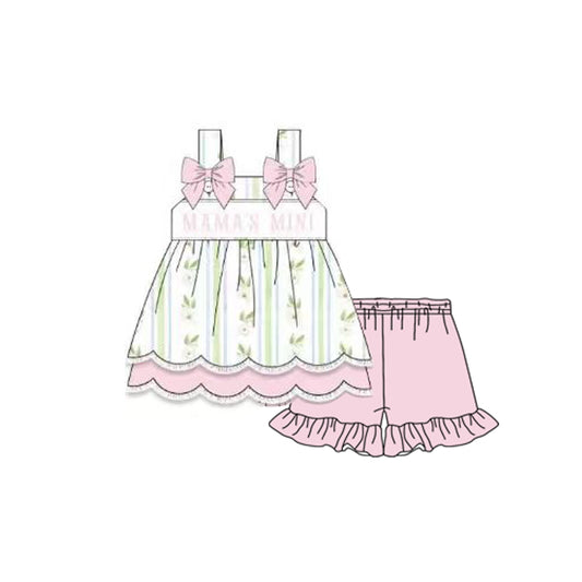 MOQ 5 PCS Preorder GSSO2908 MAMA'S MINI Leaf Stripe Pink Bows Sleeveless Shorts Girls Sets 202511