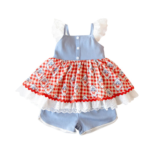 MOQ 5 PCS Preorder GSSO2909 4th of July Flag White Lace Ruffle Flying Sleeve Shorts Girls Sets 202511