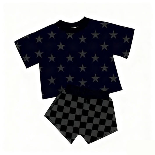 MOQ 5 PCS Preorder GSSO2913 Star Black Short Sleeve Plaid Shorts Girls Sets 202511