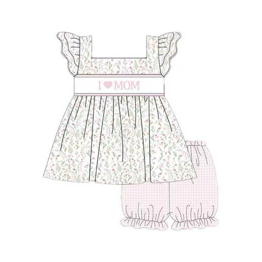MOQ 5 PCS Preorder GSSO2915 I Love Mom Flower Flying Sleeve Pink Plaid Shorts Girls Sets 202511