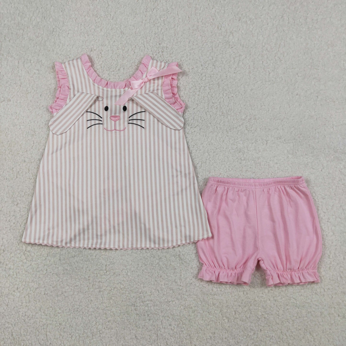 GSSO2924 Embroidered Easter Bunny Stripe Ruffle Sleeveless Shorts Girls Sets 202603 RTS