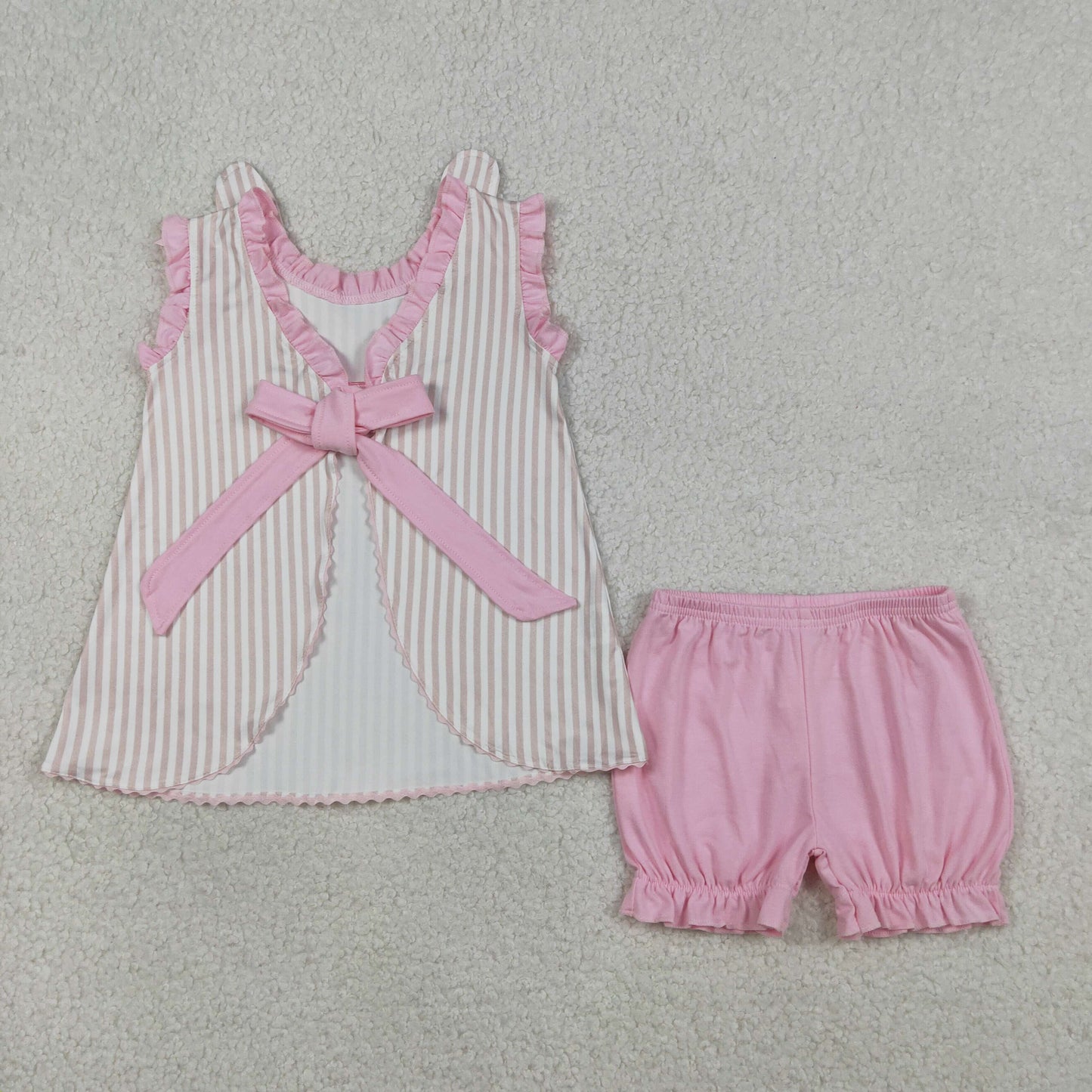 GSSO2924 Embroidered Easter Bunny Stripe Ruffle Sleeveless Shorts Girls Sets 202603 RTS
