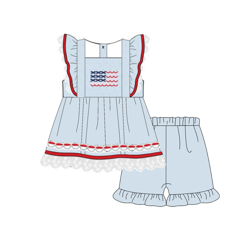 MOQ 5 PCS Preorder GSSO2926 4th of July Flag Lace Ruffle Red Blue Flying Sleeve Shorts Girls Sets 202511