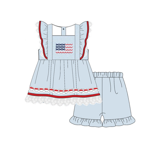 MOQ 5 PCS Preorder GSSO2926 4th of July Flag Lace Ruffle Red Blue Flying Sleeve Shorts Girls Sets 202511