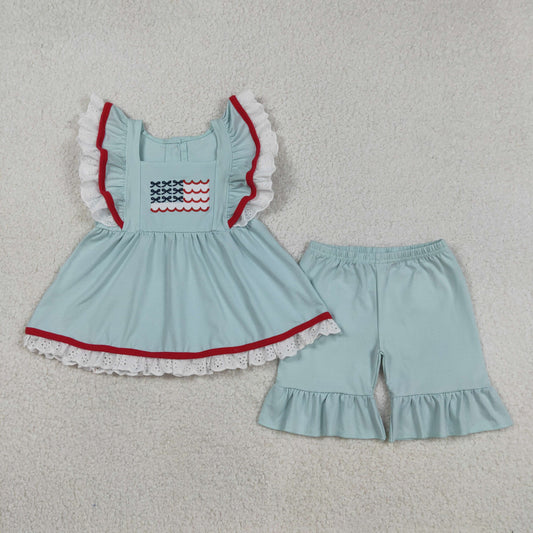 GSSO2926 Embroidered 4th of July Flag Lace Ruffle Red Blue Flying Sleeve Shorts Girls Sets 202603 RTS