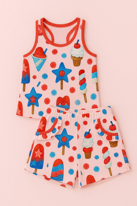 MOQ 5 PCS Preorder GSSO2927 4th of July Star Ice Cream Sleeveless Shorts Girls Sets 202511