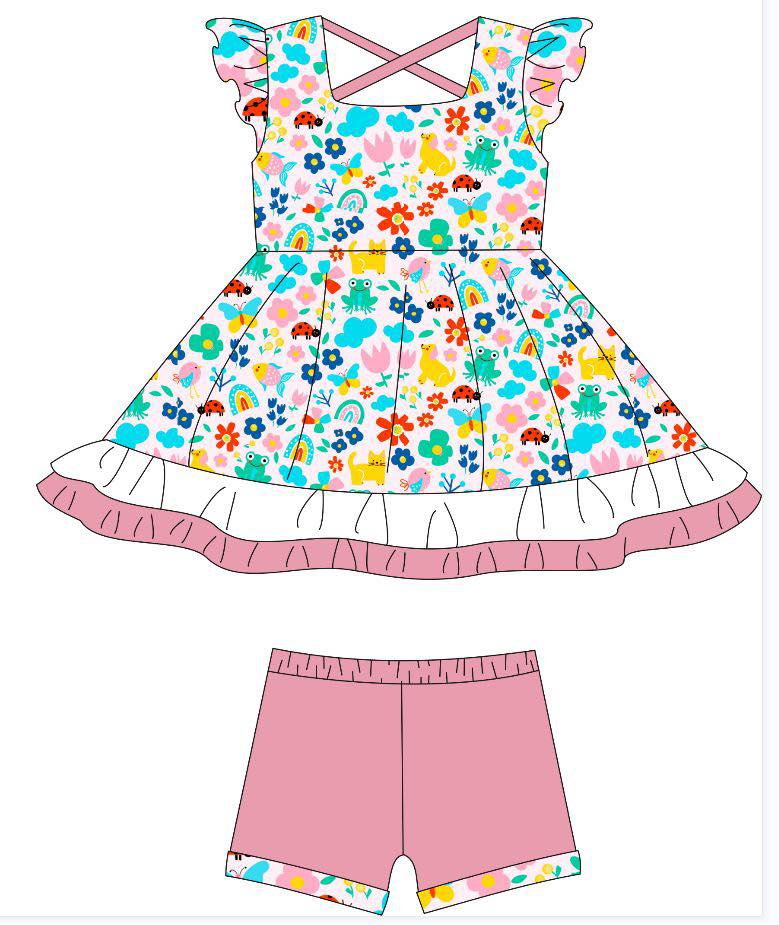 MOQ 5 PCS Preorder GSSO2928 Frog Animal Flower Flying Sleeve Shorts Girls Sets 202511