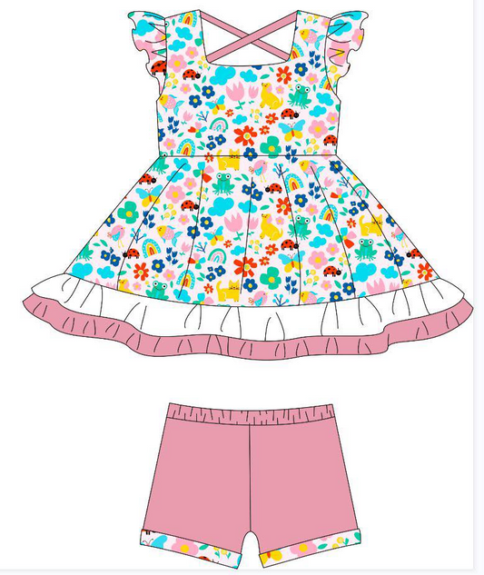 MOQ 5 PCS Preorder GSSO2928 Frog Animal Flower Flying Sleeve Shorts Girls Sets 202511