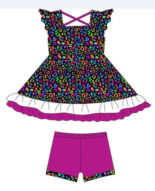 MOQ 5 PCS Preorder GSSO2929 Colored Leopard Purple Red Ruffle Flying Sleeve Shorts Girls Sets 202511