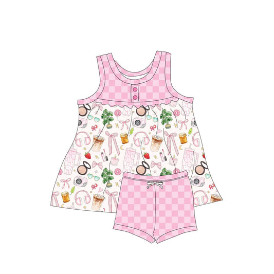 MOQ 5 PCS Preorder GSSO2931 Bow Headphones Green Plant Water Bottle Pink Plaid Sleeveless Shorts Girls Sets 202511