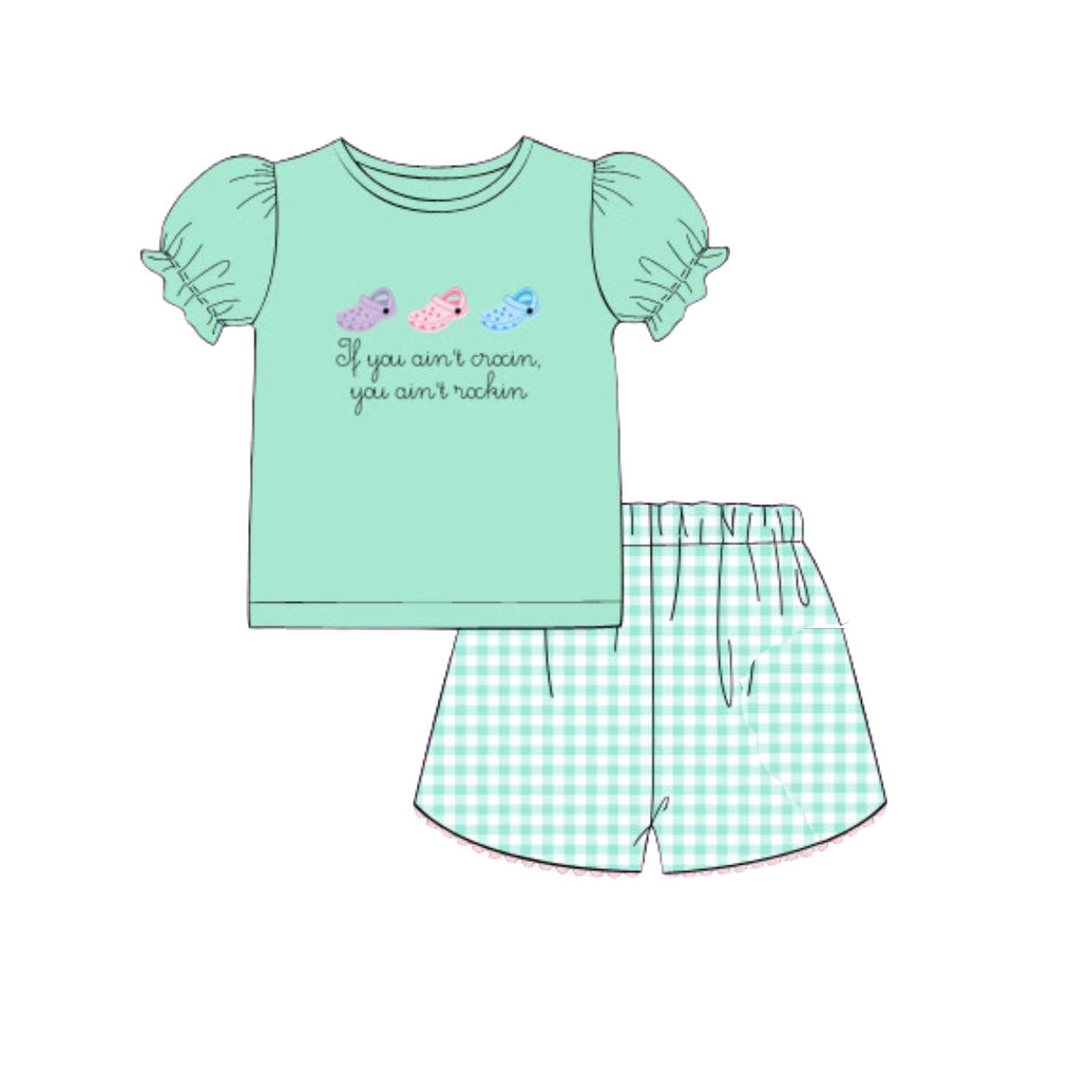 MOQ 5 PCS Preorder GSSO2932 Letter Clogs Girl's Green Short Sleeve Plaid Shorts Girls Sets 202511