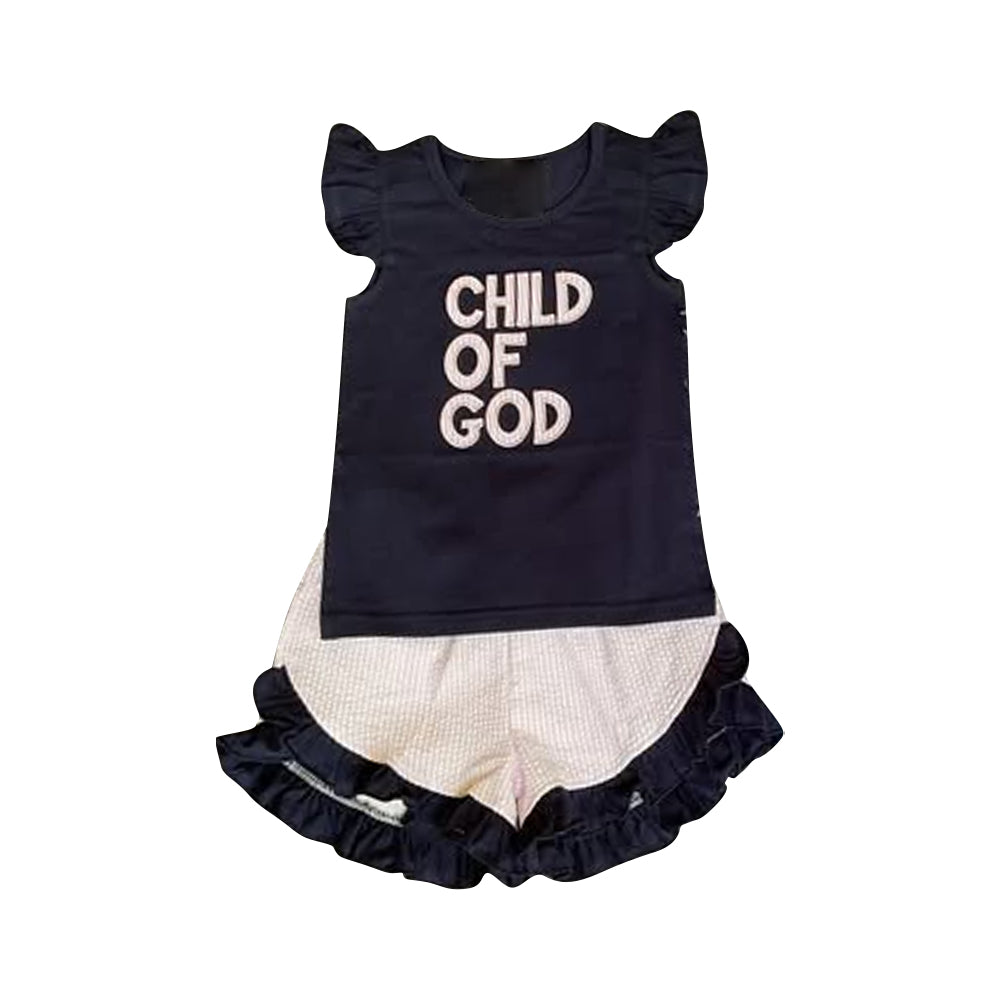 MOQ 5 PCS Preorder GSSO2933 Child of God Navy Blue Flying Sleeve Ruffle Shorts Girls Sets 202511