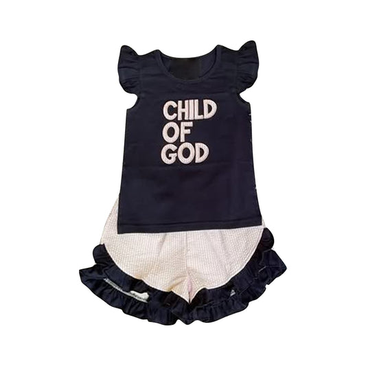 MOQ 5 PCS Preorder GSSO2933 Child of God Navy Blue Flying Sleeve Ruffle Shorts Girls Sets 202511