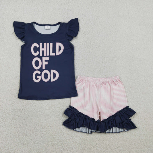 GSSO2933 Child of God Navy Blue Flying Sleeve Ruffle Shorts Girls Sets 202602 RTS