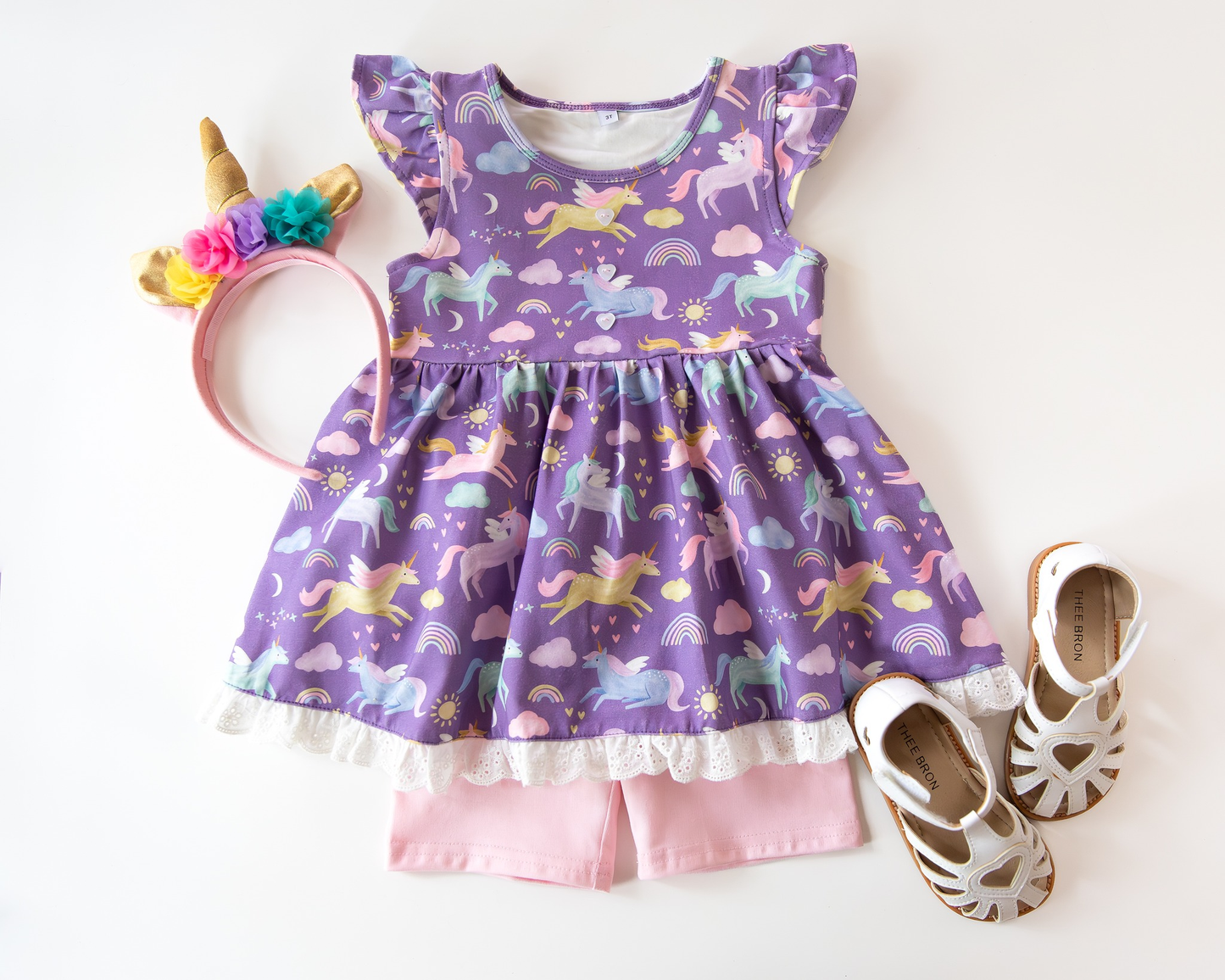 MOQ 5 PCS Preorder GSSO2934 Lace Ruffle Unicorn Rainbow Purple Flying Sleeve Pink Shorts Girls Sets 202511