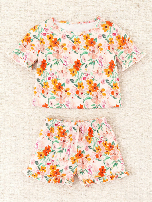 MOQ 5 PCS Preorder GSSO2935 Flower Orange Pink Short Sleeve Shorts Girls Sets 202511