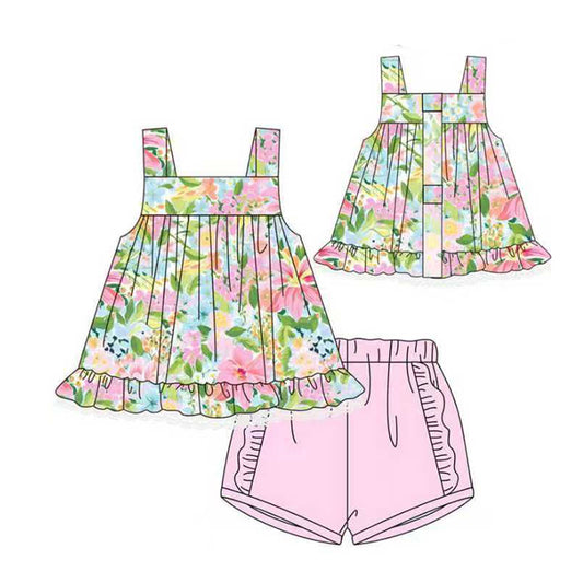MOQ 5 PCS Preorder GSSO2945 Flower Leaf Sleeveless Pink Ruffle Shorts Girls Sets 202511
