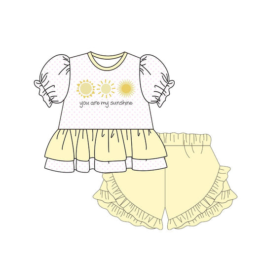 MOQ 5 PCS Preorder GSSO2947 You Are My Sunshine Polka Dot Short Sleeve Yellow Shorts Girls Sets 202511