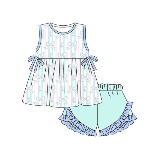 MOQ 5 PCS Preorder GSSO2948 Bows Flower Stripe Blue Sleeveless Ruffle Shorts Girls Sets 202511