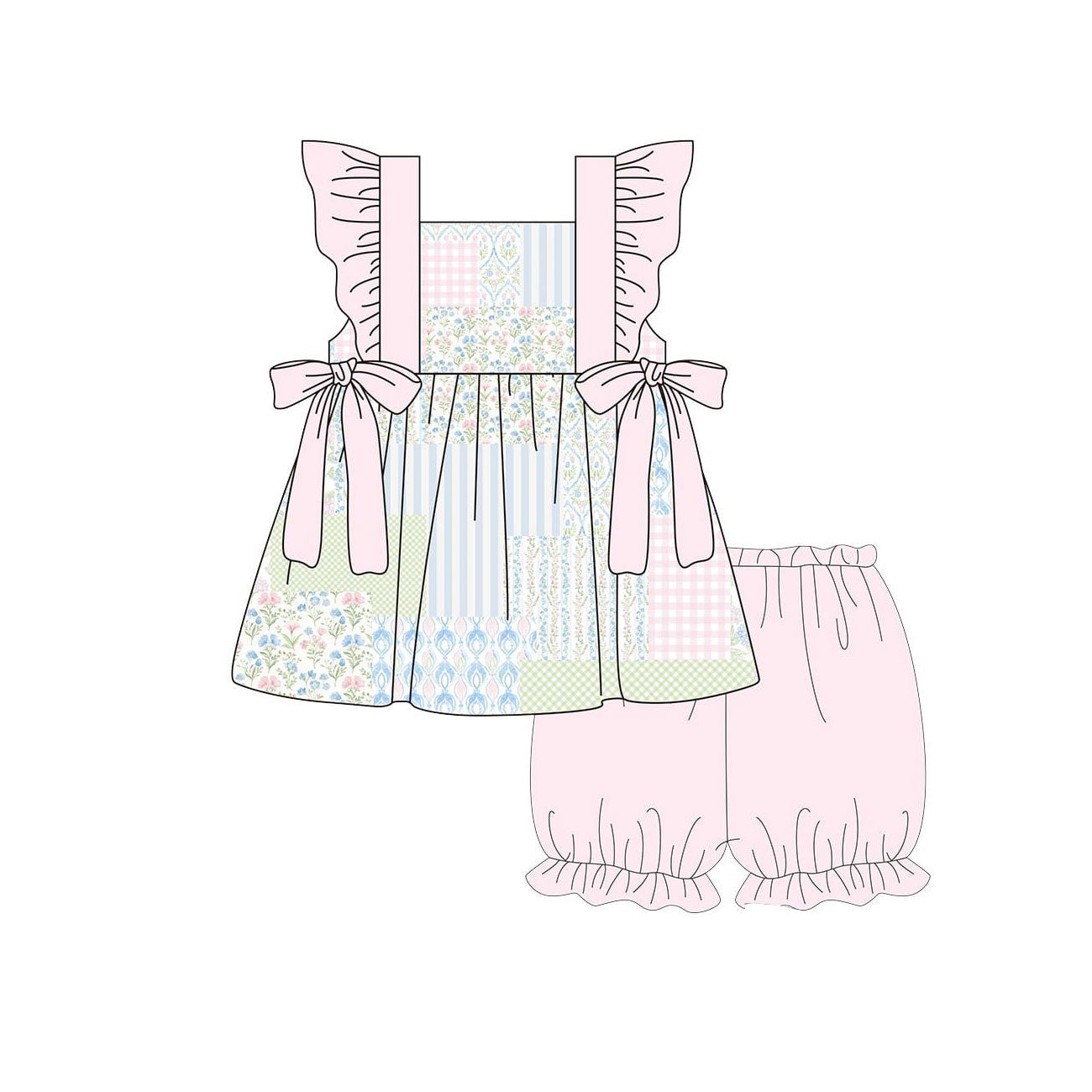 MOQ 5 PCS Preorder GSSO2951 Floral Plaid Stripe Pink Bows Flying Sleeve Shorts Girls Sets 202511