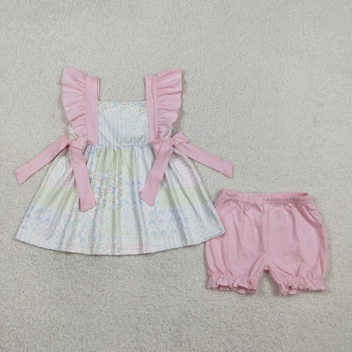 GSSO2951 Floral Plaid Stripe Pink Bows Flying Sleeve Shorts Girls Sets 202602 RTS