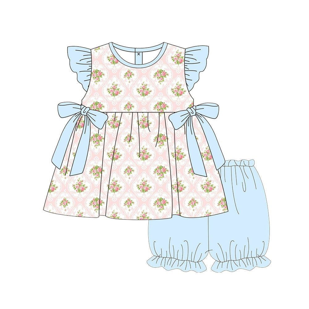 MOQ 5 PCS Preorder GSSO2952 Flower Blue Bows Flying Sleeve Shorts Girls Sets 202511