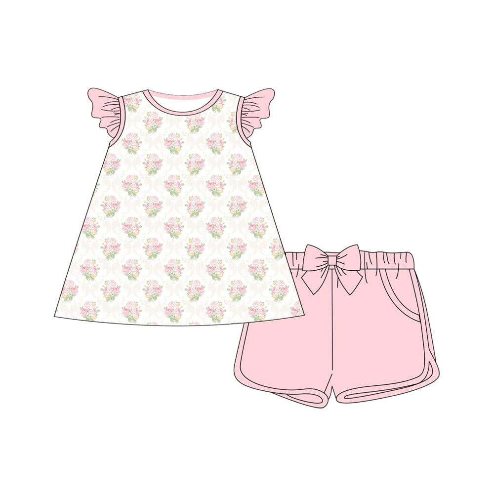 MOQ 5 PCS Preorder GSSO2953 Flower Plaid Pink Flying Sleeve Shorts Girls Sets 202511