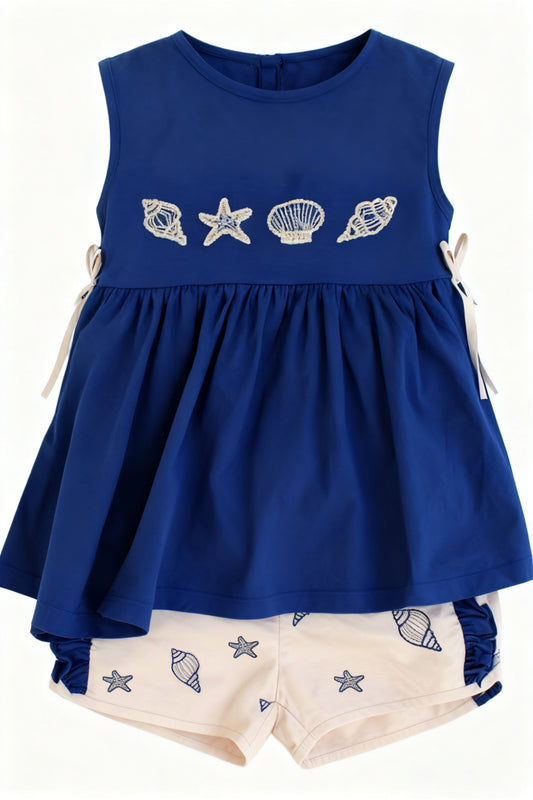 MOQ 5 PCS Preorder GSSO2965 Seashell Beaded Blue Sleeveless Shorts Girls Sets 202511