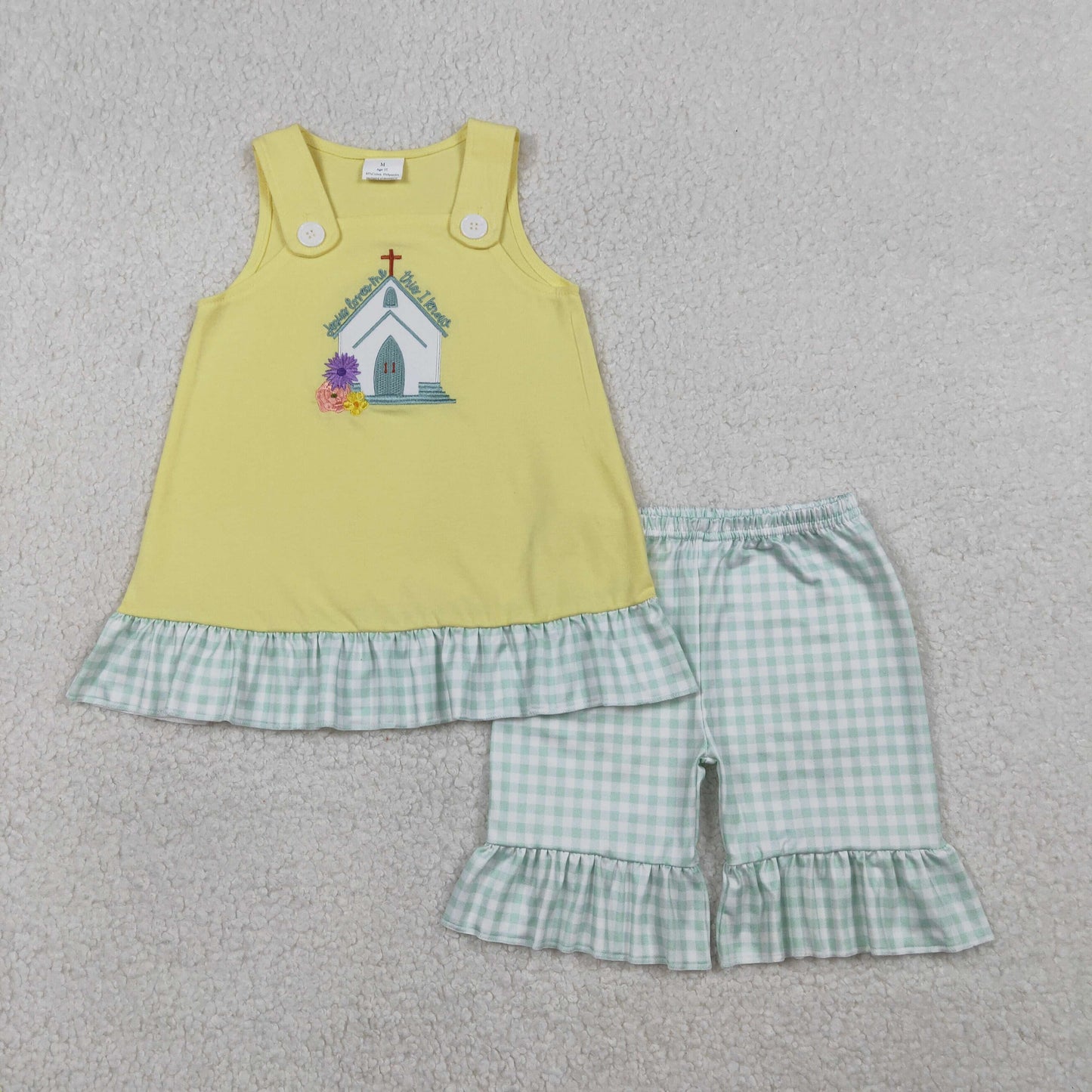 GSSO2966 Embroidered Easter Cross Pea Green Plaid Ruffle Yellow Sleeveless Shorts Girls Sets 202601 RTS