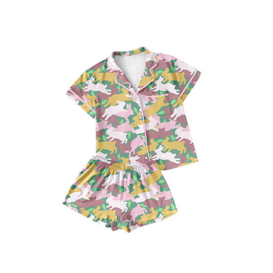 MOQ 5 PCS Preorder GSSO2972 Easter Bunny Camouflage Buttons Short Sleeve Shorts Girls Pajama Set 202511
