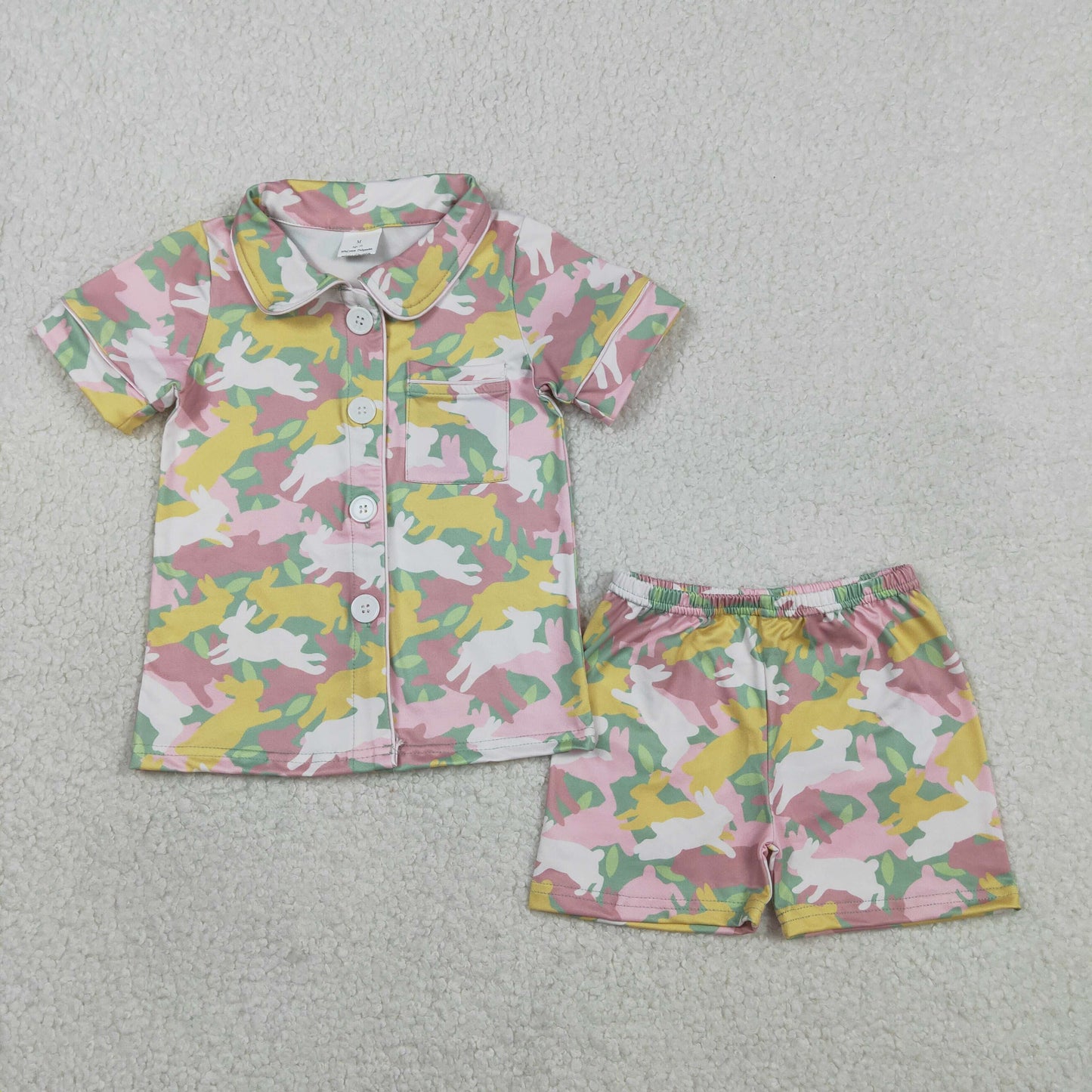 GSSO2972 Easter Bunny Camouflage Buttons Short Sleeve Shorts Girls Pajama Set 202601 RTS