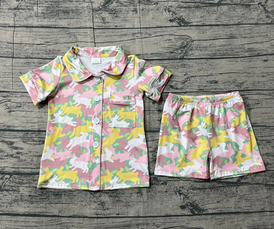 NO MOQ Preorder GSSO2972 Easter Bunny Camouflage Buttons Short Sleeve Shorts Girls Pajama Set 202512