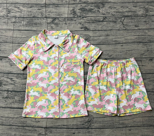 NO MOQ preorder GSSO2973 Adult Female Easter Bunny Camouflage Polo Button Short Sleeve Shorts Pajama Set 202512