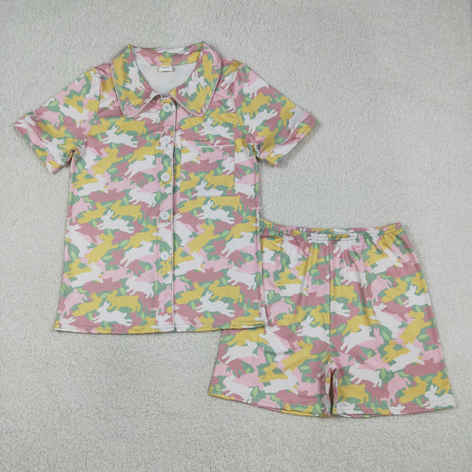 GSSO2973 Adult Female Easter Bunny Camouflage Polo Button Short Sleeve Shorts Pajama Set 202601 RTS