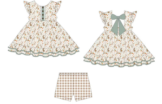 MOQ 5 PCS Preorder GSSO2980 Easter Bunny Carrots Bow Flying Sleeve Plaid Shorts Girls Sets 202511