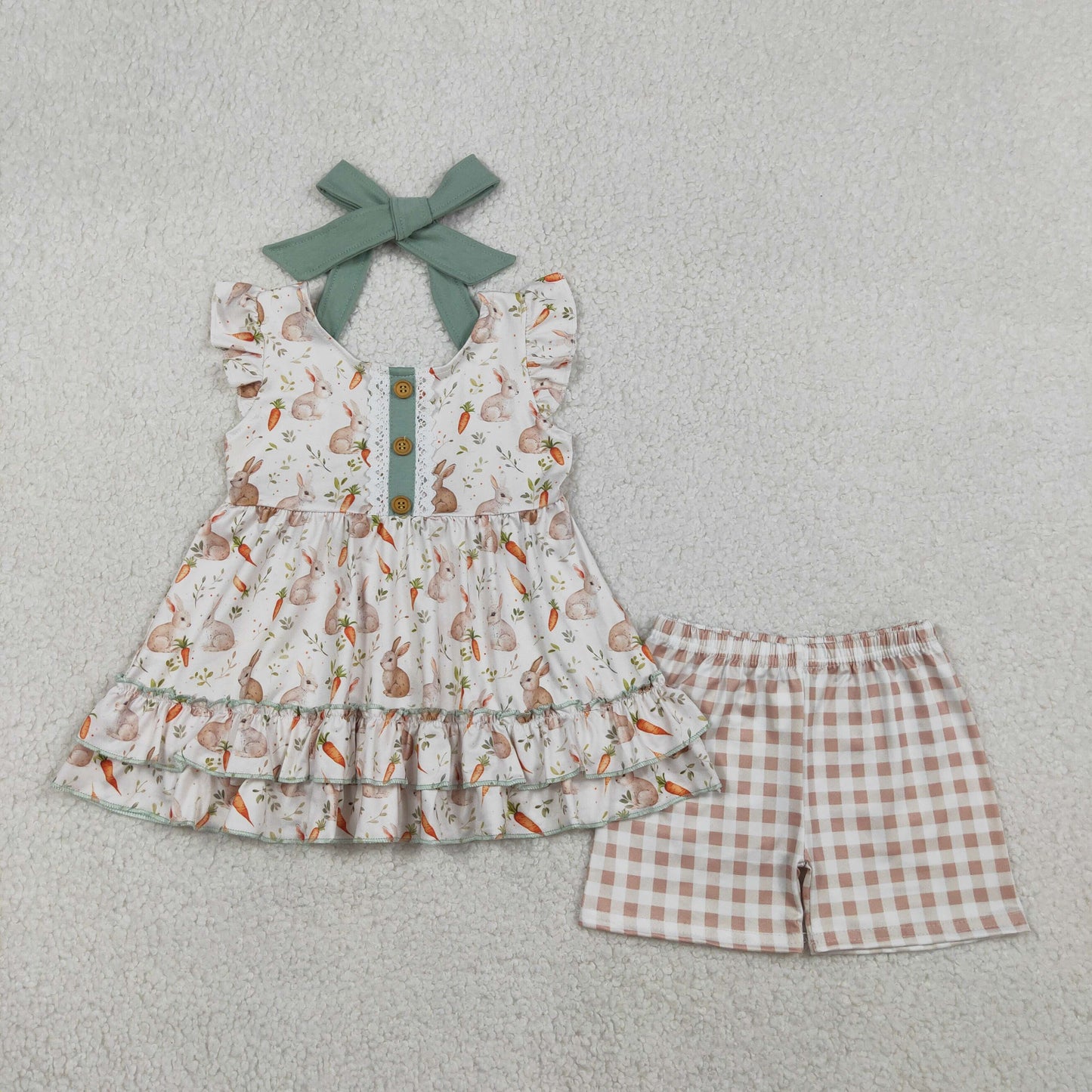 GSSO2980 Easter Bunny Carrots Bow Flying Sleeve Plaid Shorts Girls Sets 202602 RTS