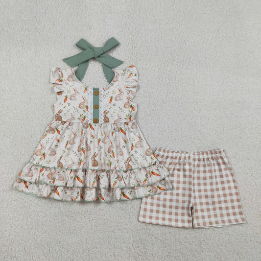GSSO2980 Easter Bunny Carrots Bow Flying Sleeve Plaid Shorts Girls Sets 202602 RTS