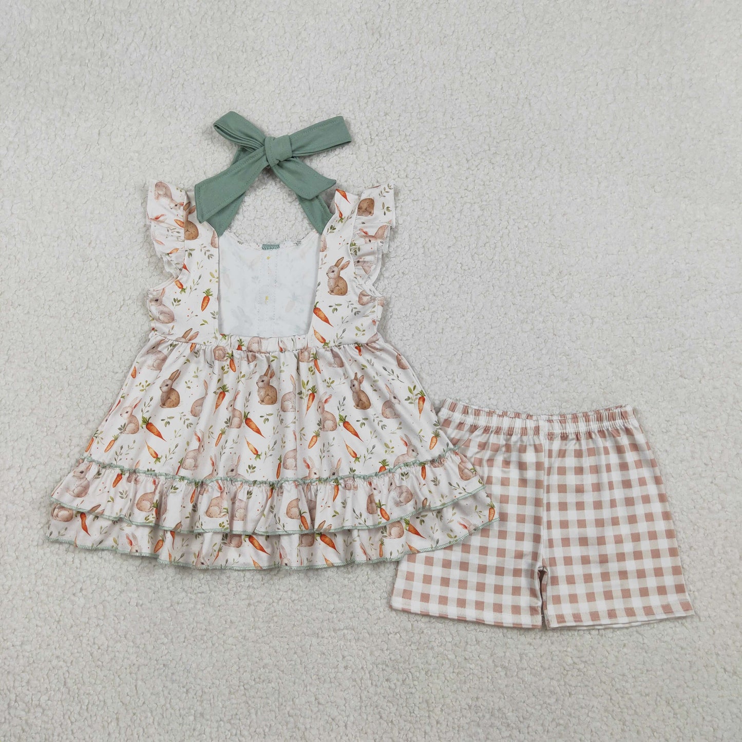 GSSO2980 Easter Bunny Carrots Bow Flying Sleeve Plaid Shorts Girls Sets 202602 RTS