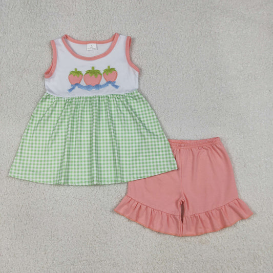 GSSO2981 Embroidered Strawberry Bows Green Plaid Pink Sleeveless Shorts Girls Sets 202601 RTS