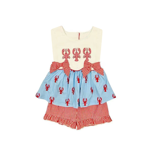 MOQ 5 PCS Preorder GSSO2982 Crayfish Pattern Sleeveless Red Plaid Shorts Girls Sets 202511