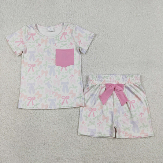GSSO2990 Colored Bows Pink Pocket Short Sleeve Shorts Girls Sets 202601 RTS