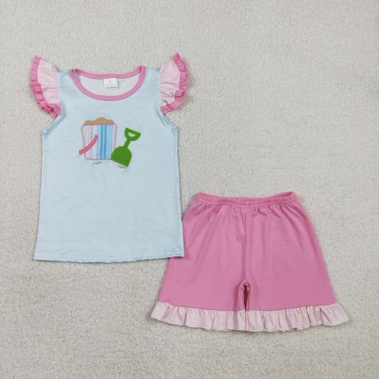GSSO2991 Embroidered Shovel Bucket Blue Stripe Flying Sleeve Pink Shorts Girls Sets 202602 RTS