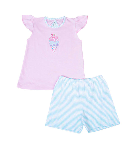 MOQ 5 PCS Preorder GSSO2993 Ice Cream Purple Pink Flying Sleeve Blue Stripe Shorts Girls Sets 202512