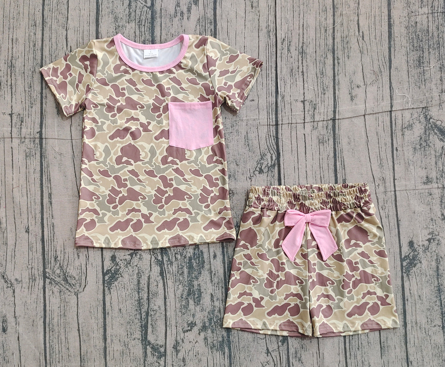 NO MOQ Preorder GSSO2994 Light Brown Camouflage Pink Pocket Short Sleeve Shorts Girls Sets 202512
