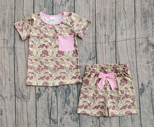NO MOQ Preorder GSSO2994 Light Brown Camouflage Pink Pocket Short Sleeve Shorts Girls Sets 202512