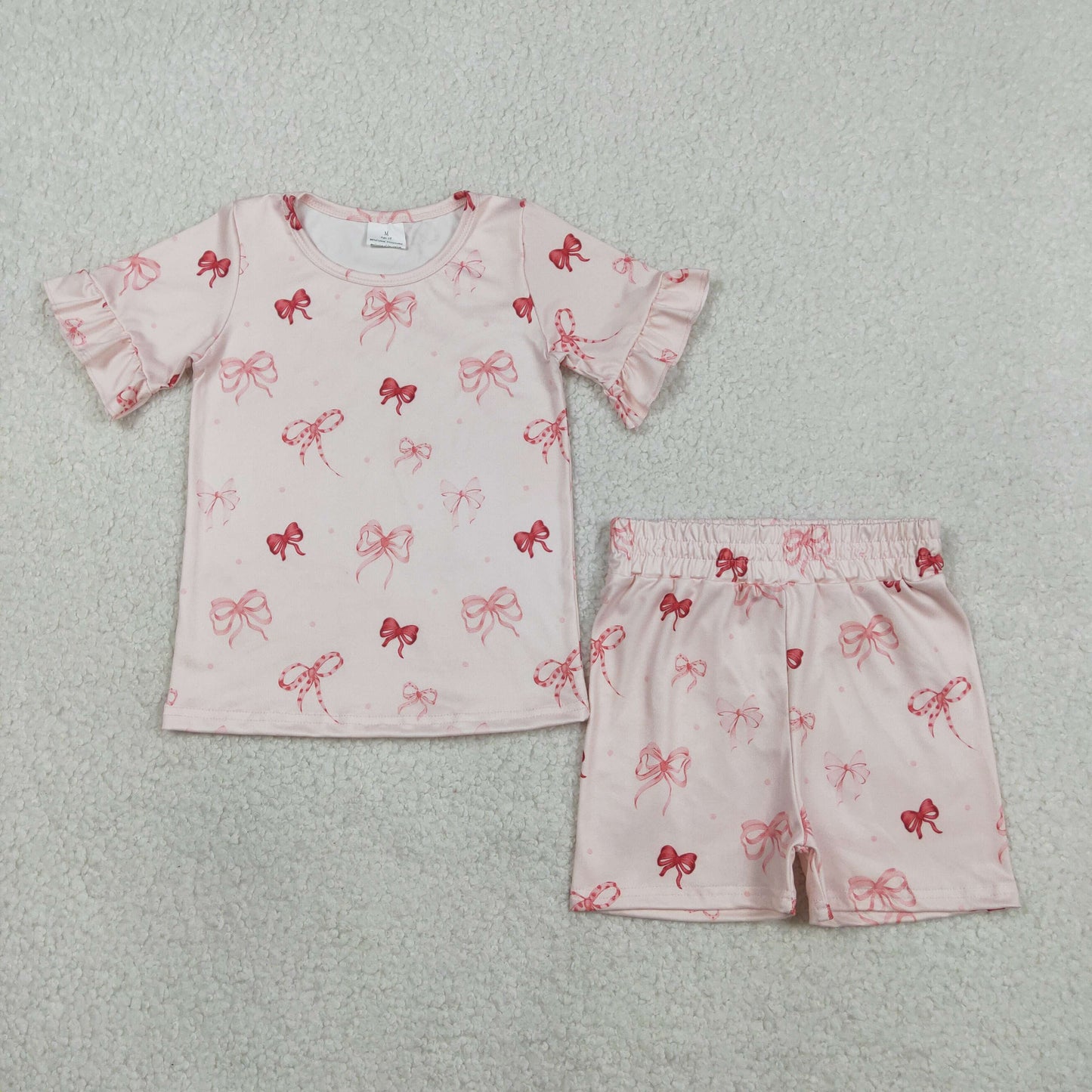 GSSO2996 Bows Beige Pink Ruffle Short Sleeve Shorts Girls Sets 202601 RTS